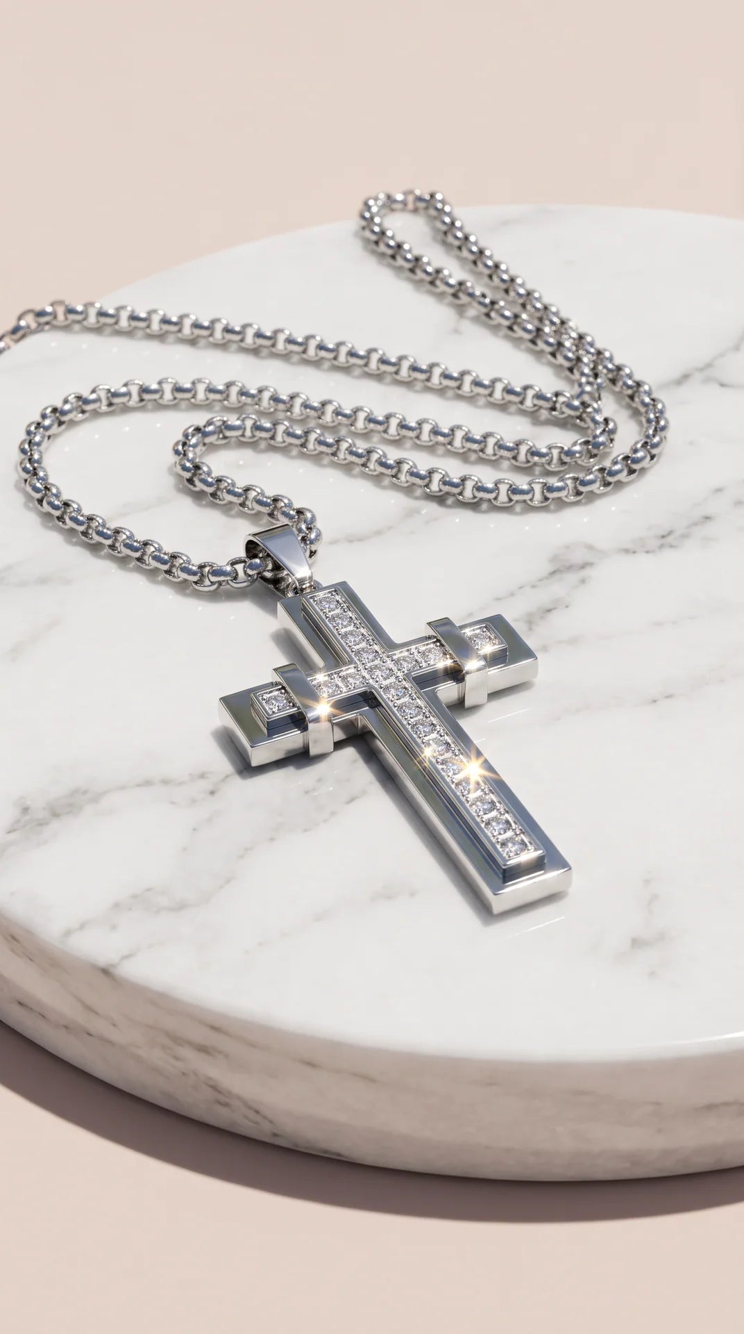 Stainless Steel Tiered Crystal Cross Pendant Necklace
