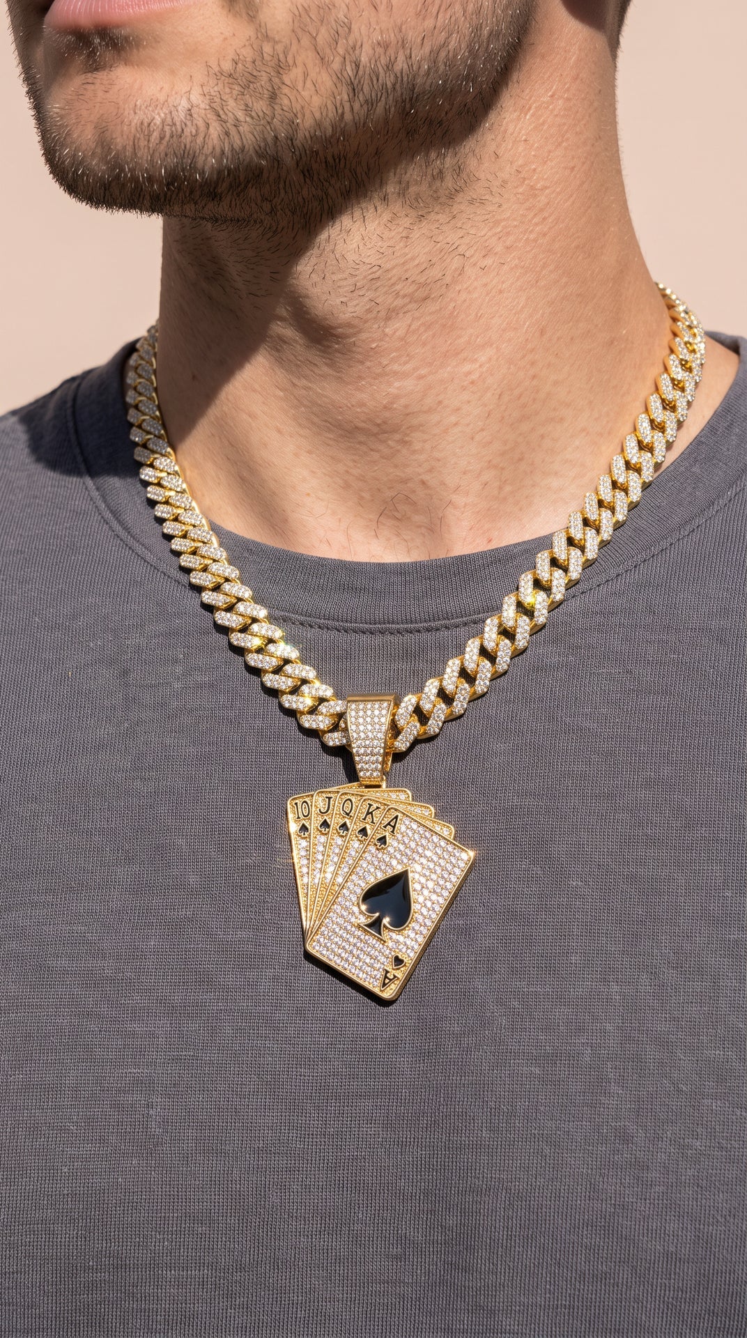 Iced Out Ace of Spades Poker Card Pendant Necklace