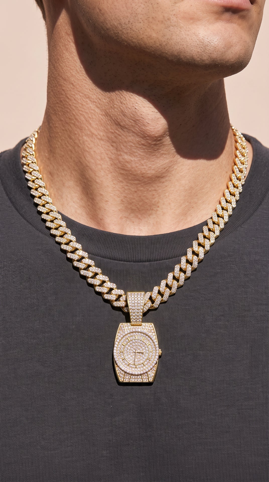 Iced Out Luxury Watch Face Pendant Cuban Necklace