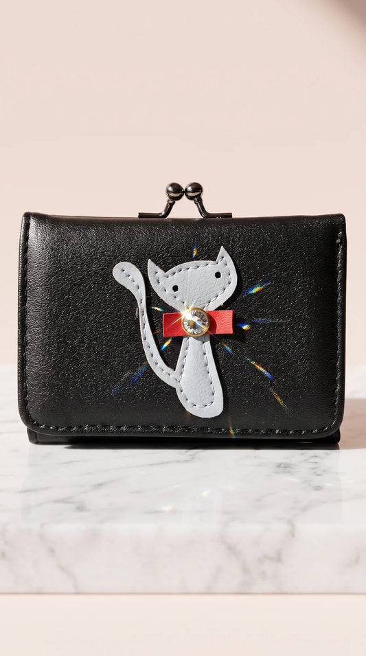 Women's Appliqué Cat Kiss-Lock Compact Wallet