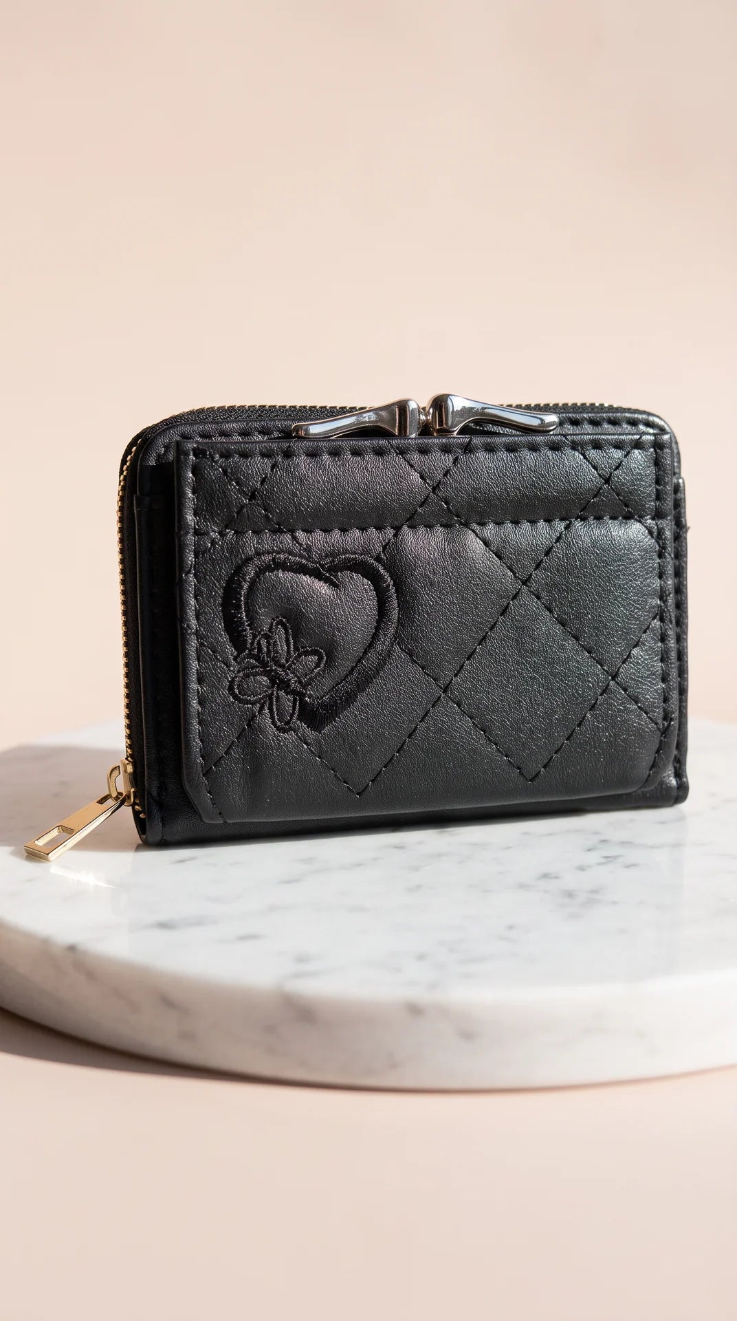 Embroidered Heart Bifold Zip Coin Wallet