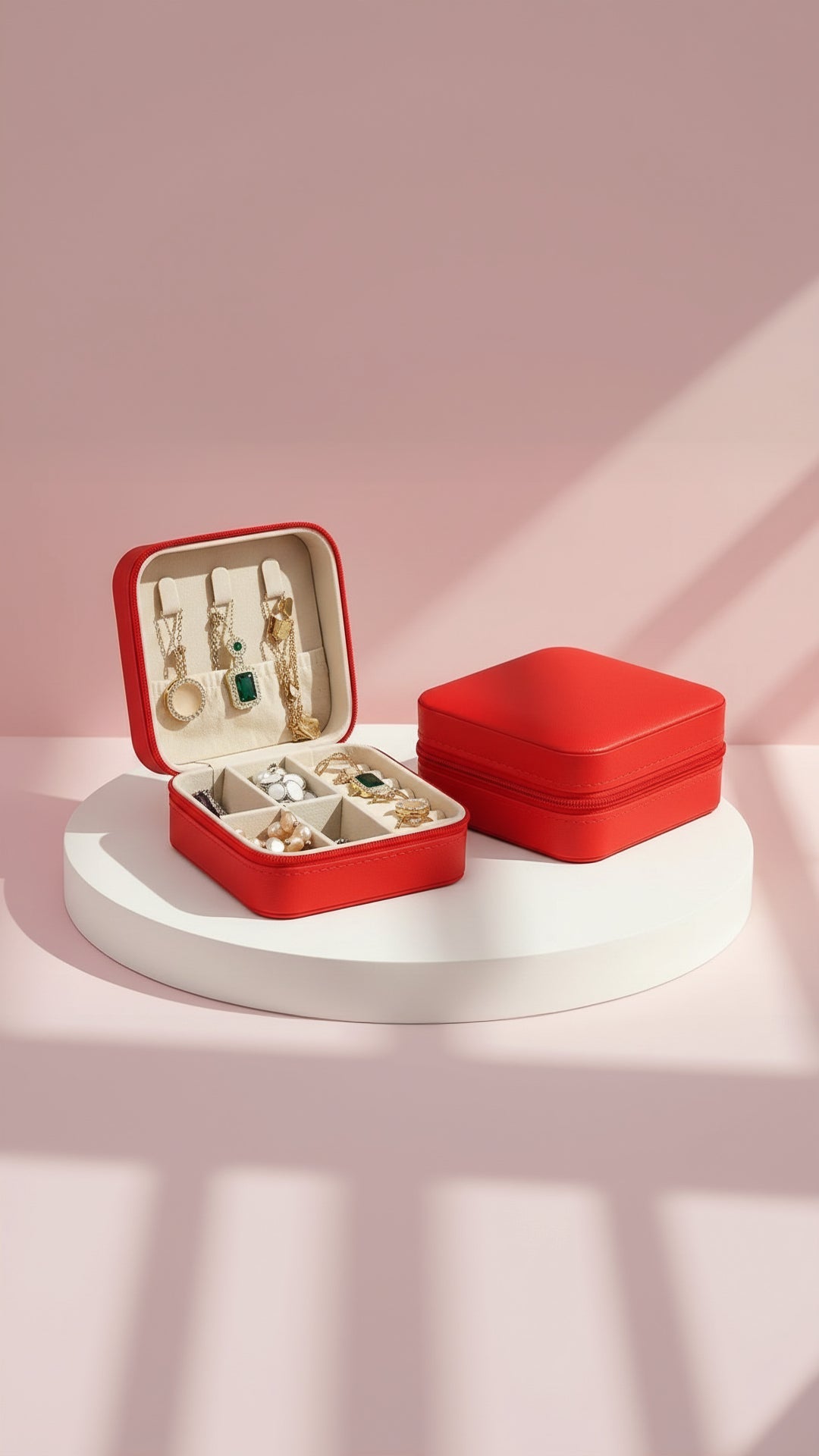 Red jewelry box with jewelry on a pink background