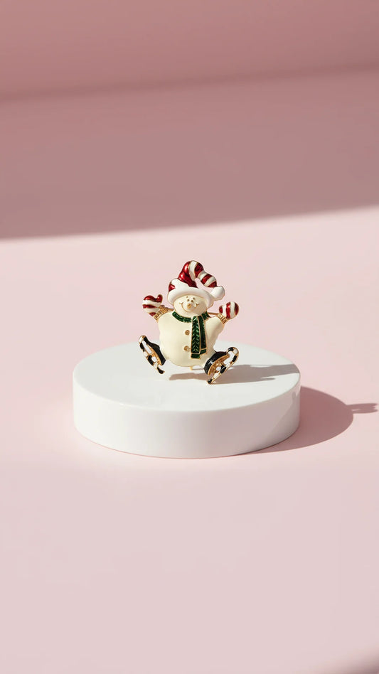 Ice Skating Happy Snowman Festive Brooch