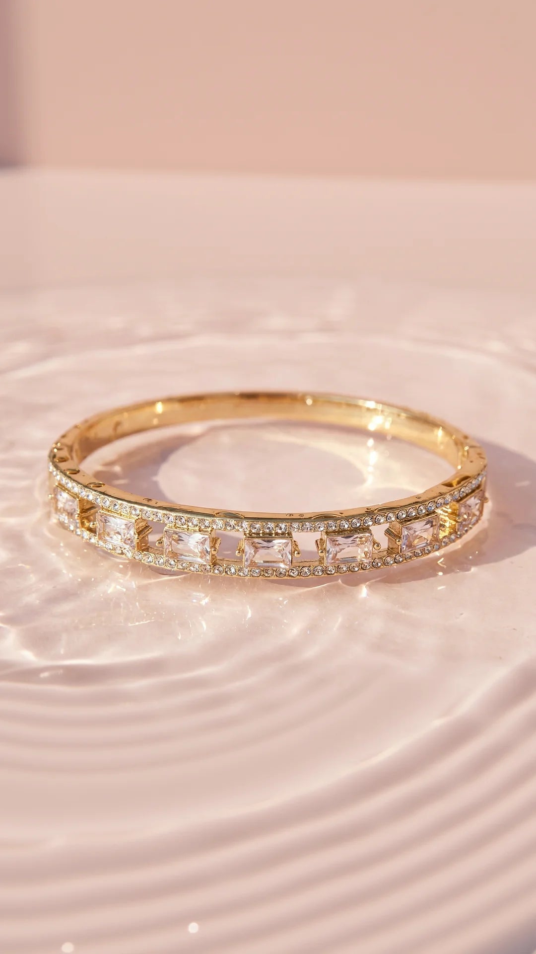 Square Cut Crystal Inlaid Stainless Steel Gold Plated Hinged Bangle