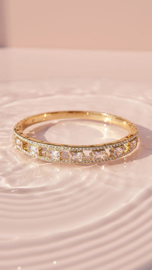 Square Cut Crystal Inlaid Stainless Steel Gold Plated Hinged Bangle
