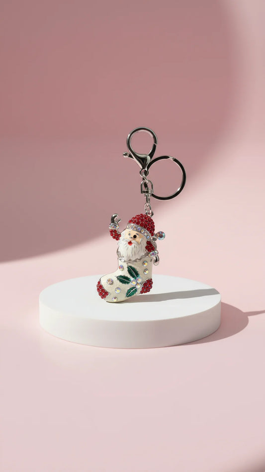 Santa In Stocking Crystal Key Ring & Bag Charm