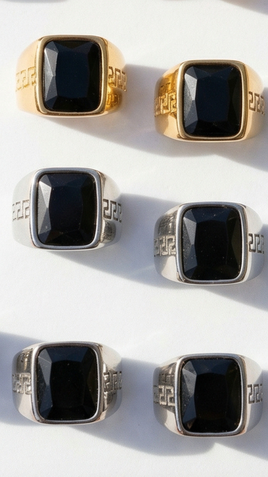 Stainless Steel Men's Greek Key Black Stone Signet Ring