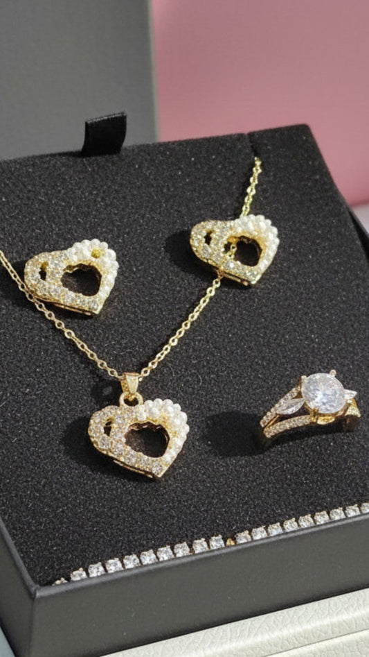 Heart Crystal Necklace, Bracelet, Earrings & Ring Set With Gift Box