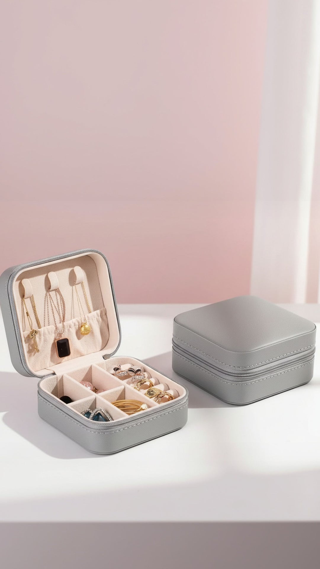 Gray jewelry case with compartments on a white surface