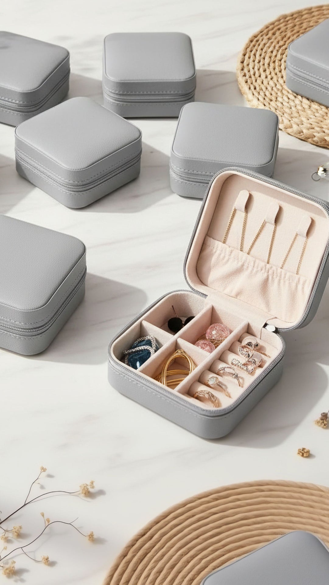Gray jewelry box with a beige interior, filled with accessories, on a light surface.