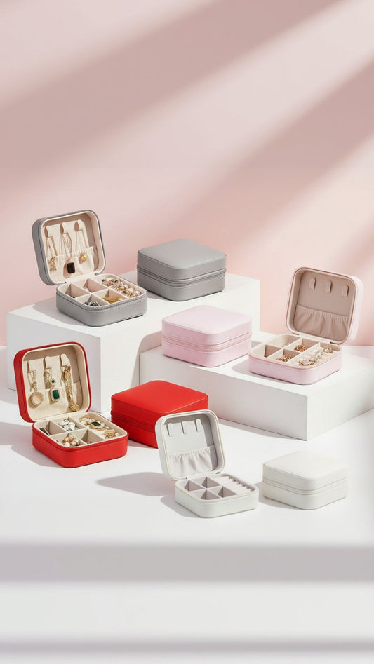Collection of open jewelry boxes in various colors on a light pink background