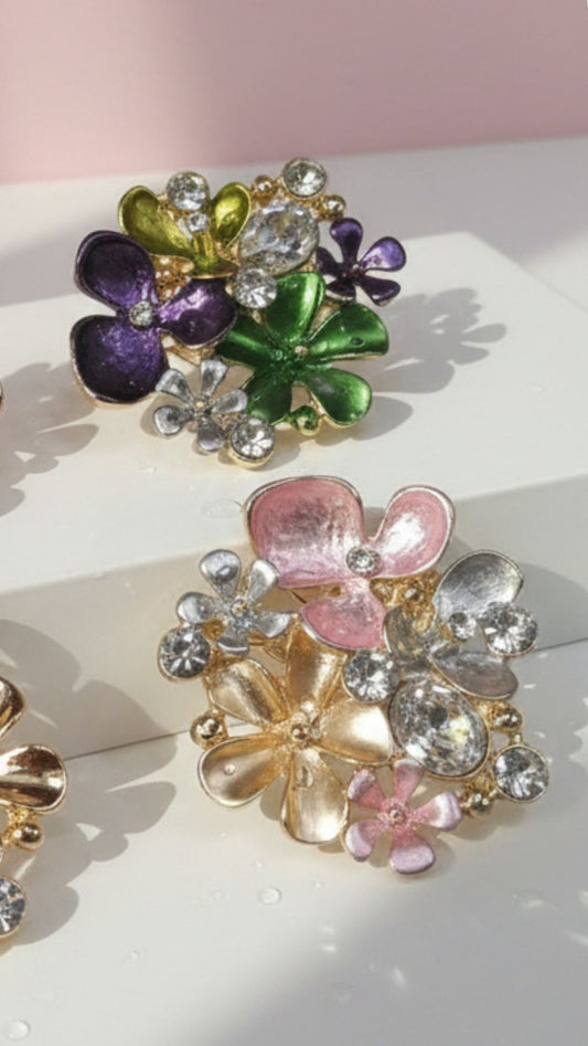 Floral Crystal Cluster Magnetic Enamel Brooch
