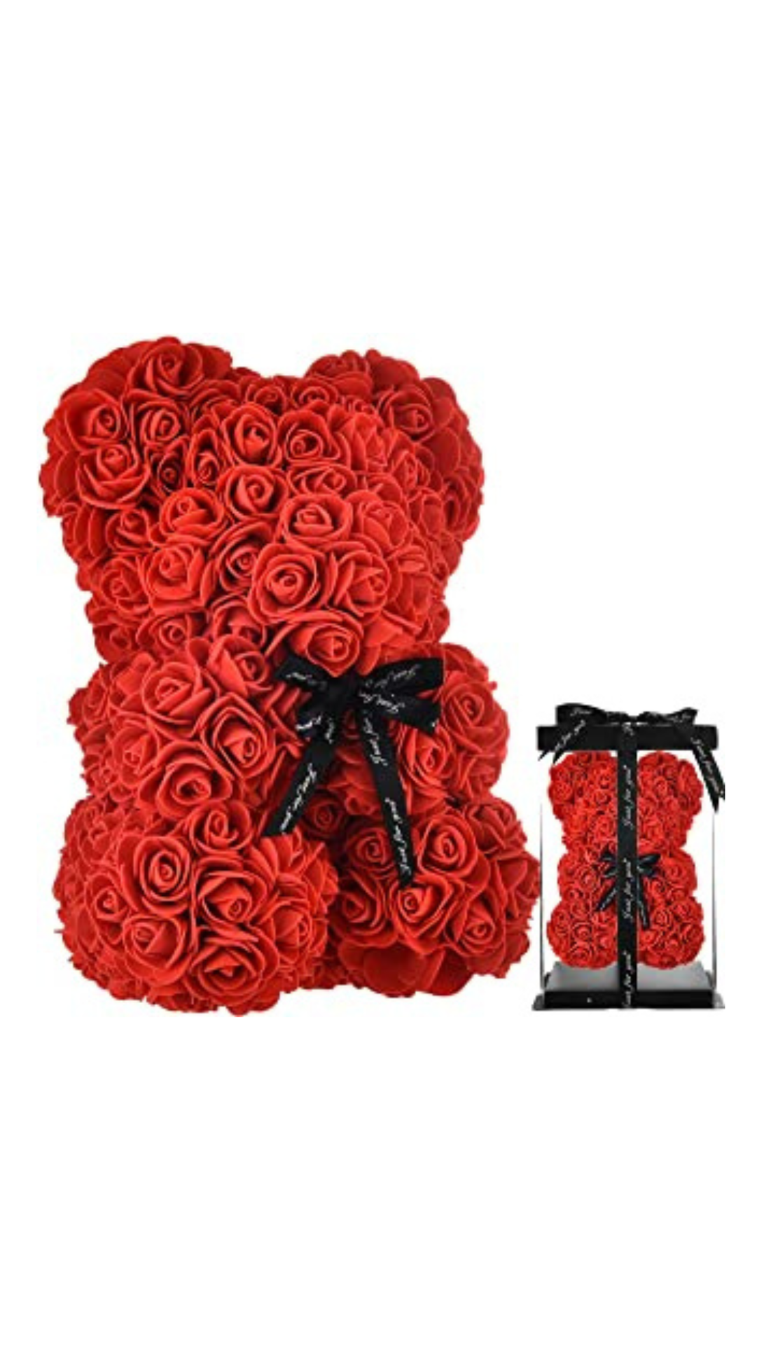 Red rose teddy bear with a black bow on a white background