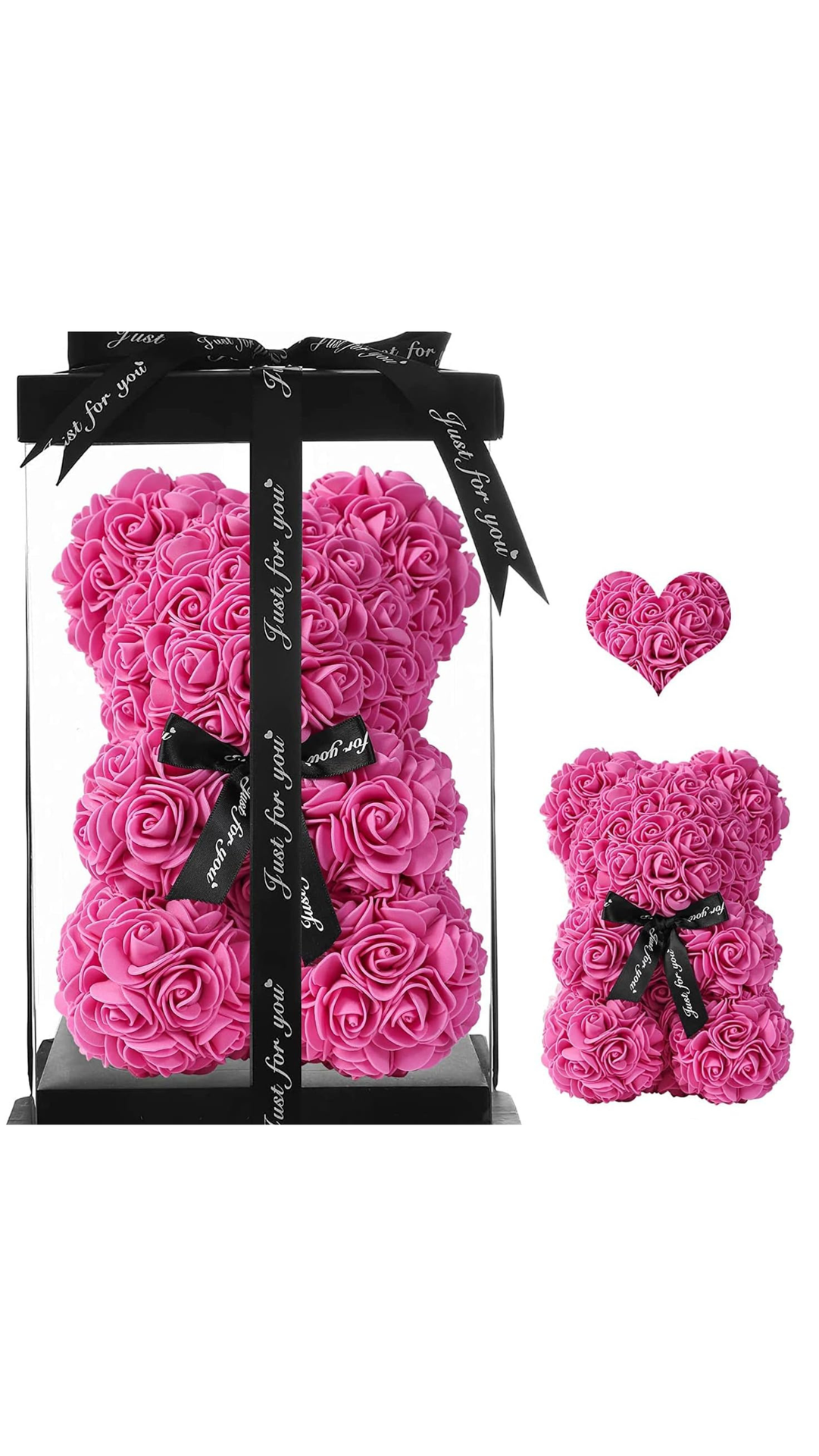 Pink rose teddy bear with a heart and black ribbon packaging on a white background