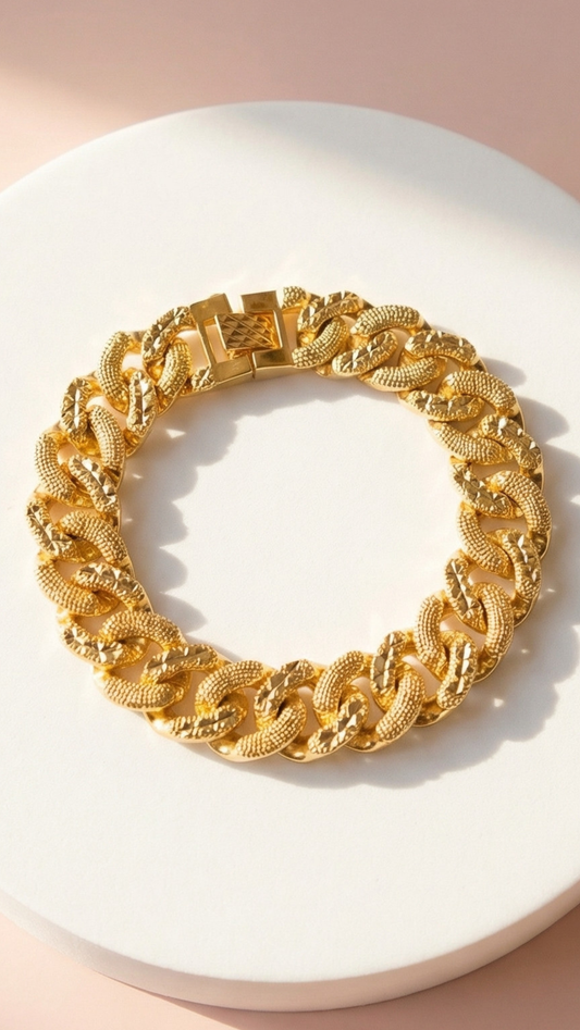 24k Gold Plated Curb Link Textured Gold Bracelet