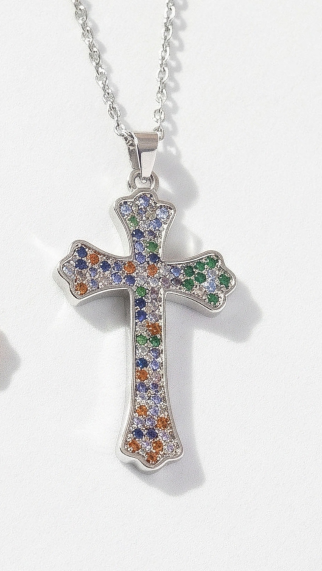 Waterproof Rainbow Gothic Crystal Cross Stainless Steel Necklace