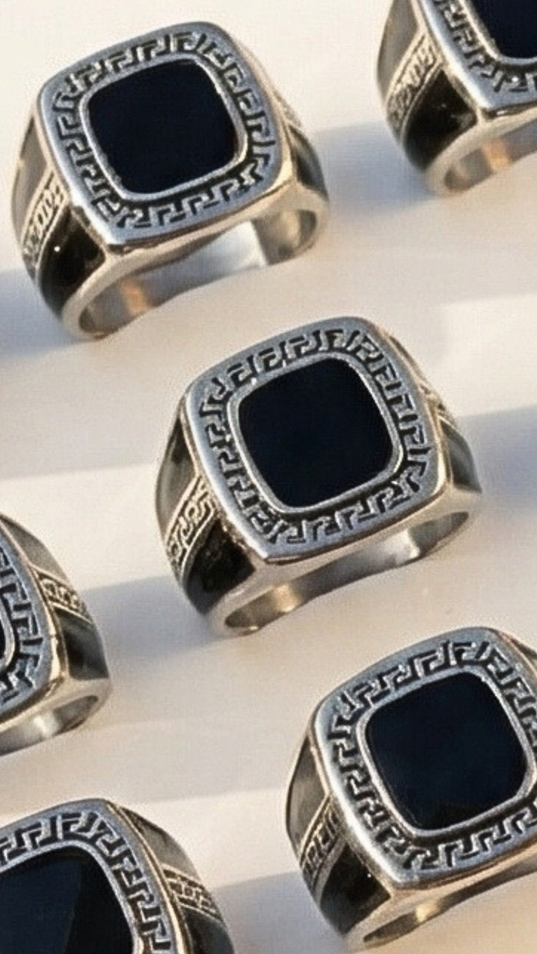 Stainless Steel Men's Greek Key Black Stone Signet Ring