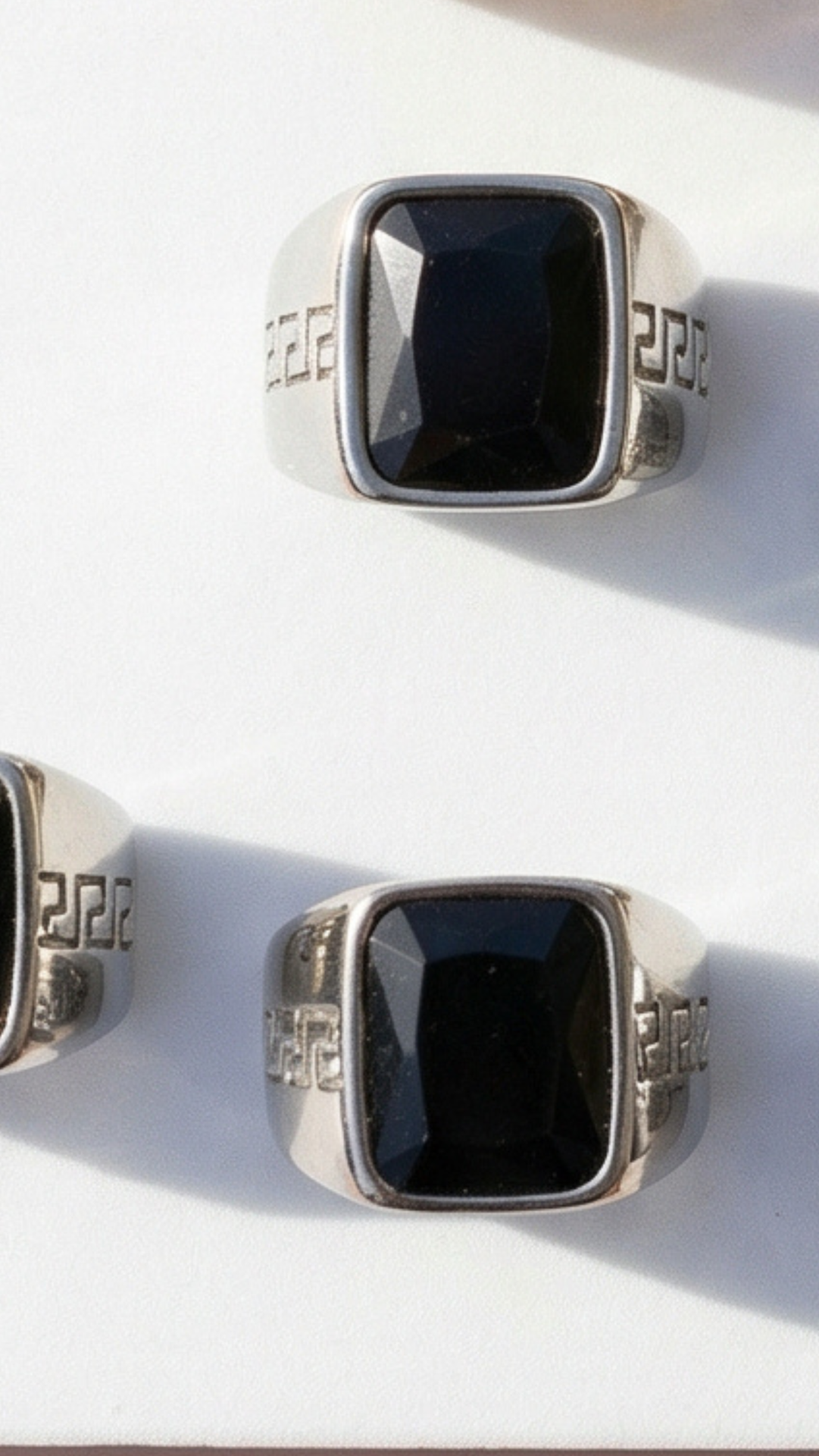 Stainless Steel Men's Greek Key Black Stone Signet Ring