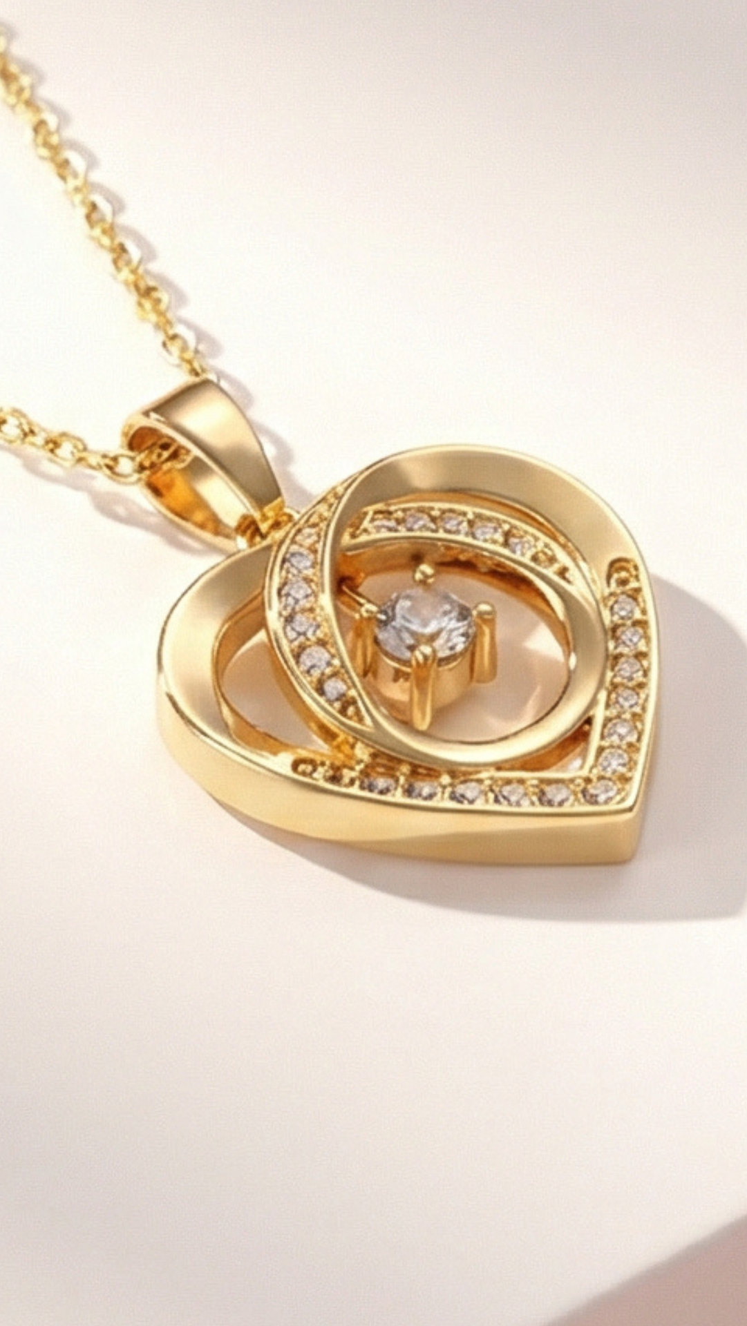 Layered Crystal Heart Stainless Steel Gold Plated Pendant Necklace