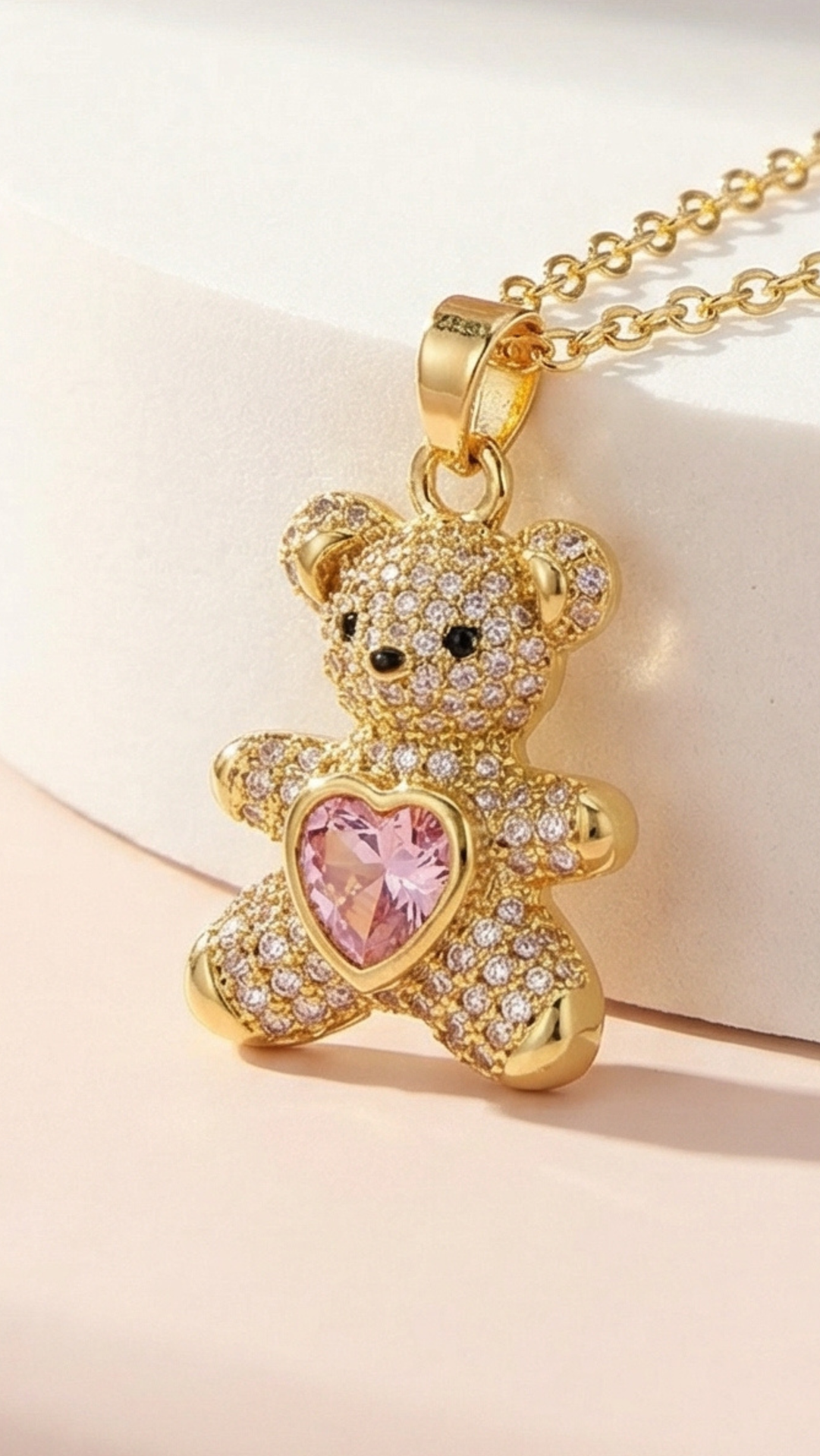 Teddy Bear & Heart Crystal Pendant Necklace