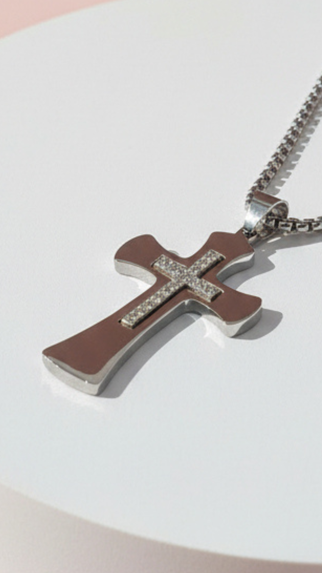 Curved Two Tone Crystal Cross Necklace