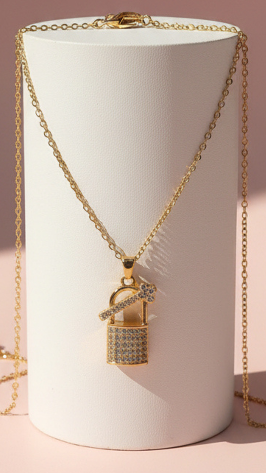 Lock & Key Crystal Stainless Steel Gold Plated Pendant Necklace