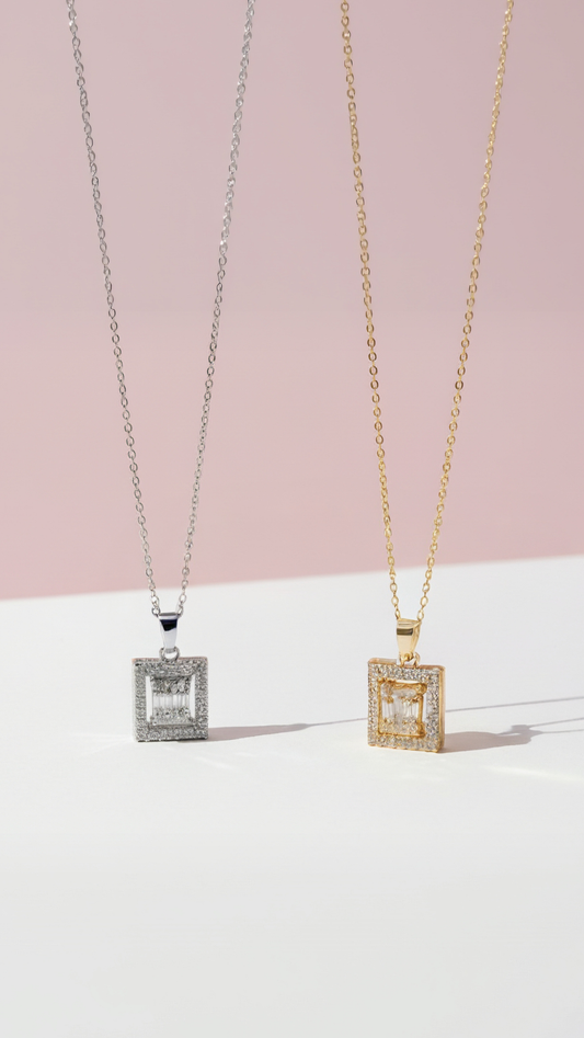 Layered Square Crystal Pendant Necklace