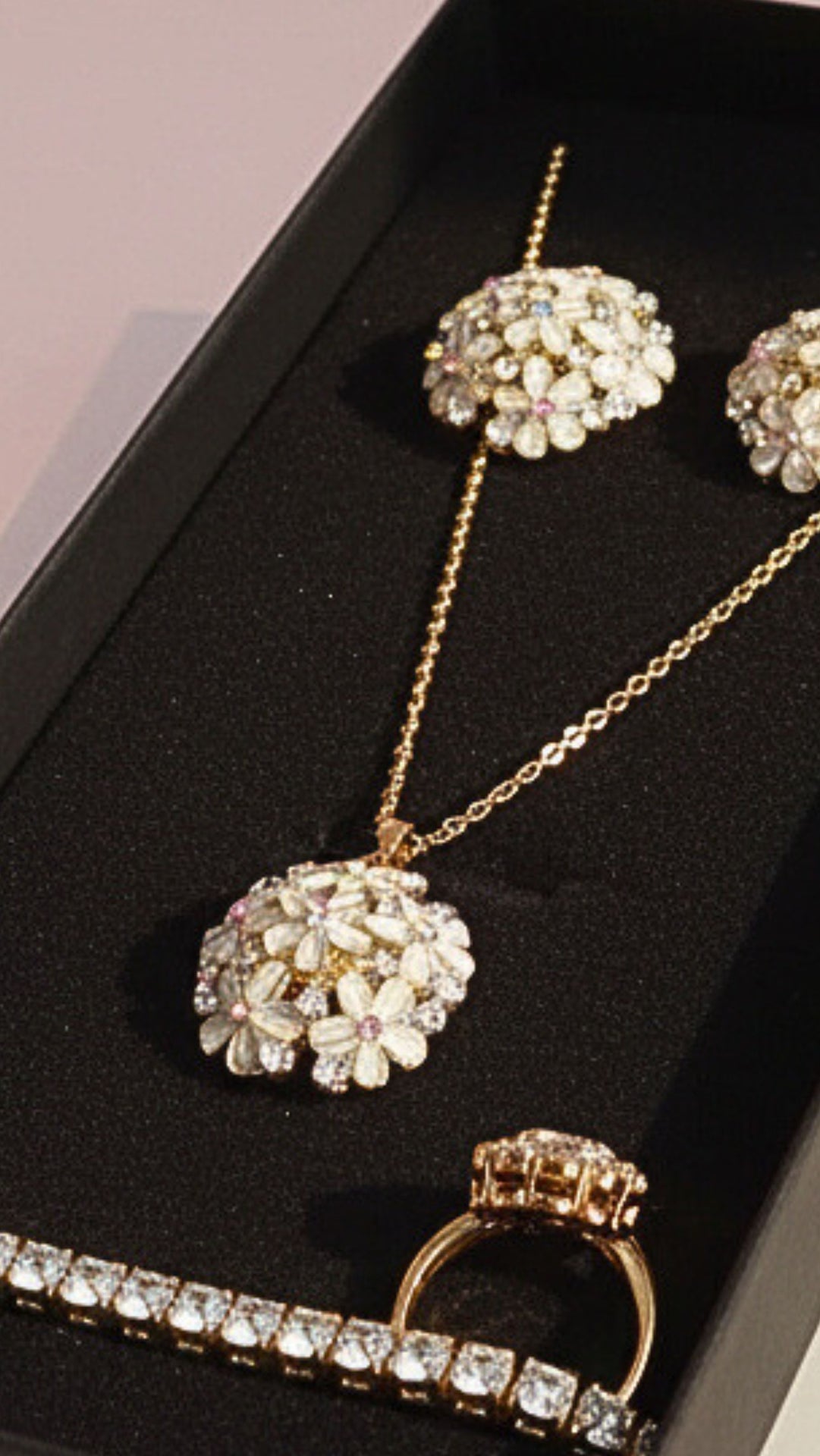 Cluster Crystal Necklace, Bracelet, Earrings & Ring Set With Gift Box