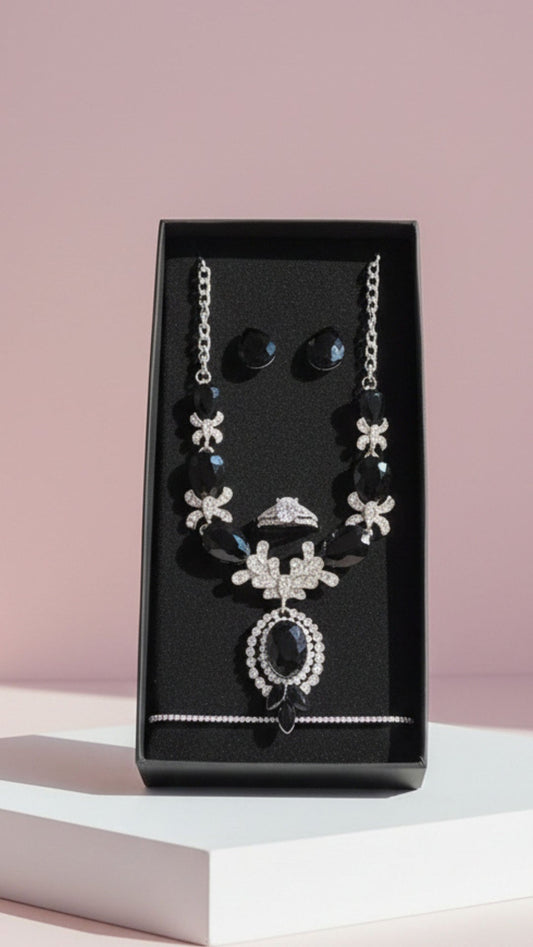 Black Crystal Necklace, Bracelet, Earrings & Ring Set With Gift Box