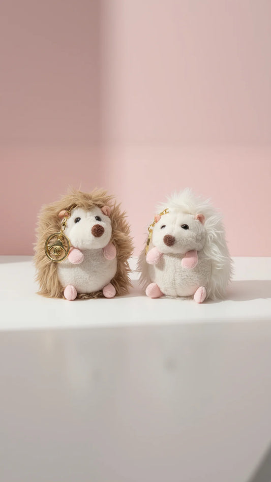 Two plush hedgehogs on a white surface with a pink background