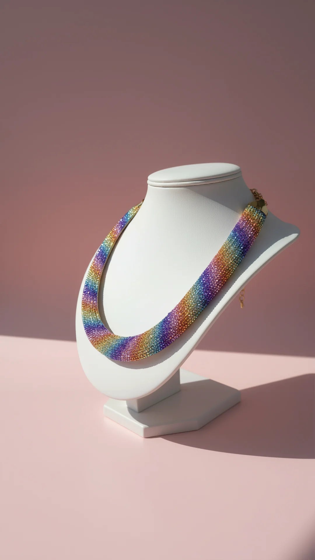 Colorful beaded necklace on a white mannequin bust against a pink background