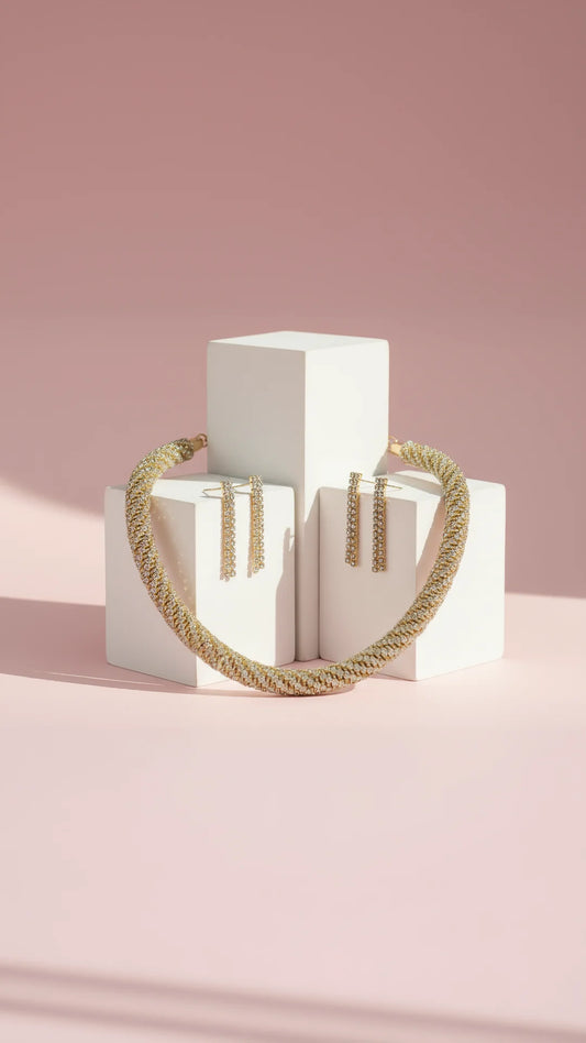 Gold Twisted Crystal Necklace & Earring Set