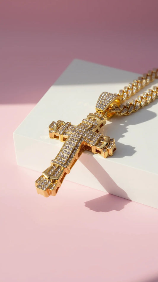 Waterproof Oversized Stainless Steel Crystal Cross Necklace