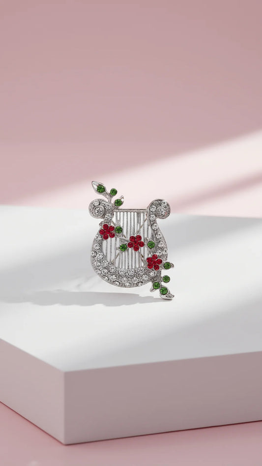 Crystal Harp & Roses Festive Brooch