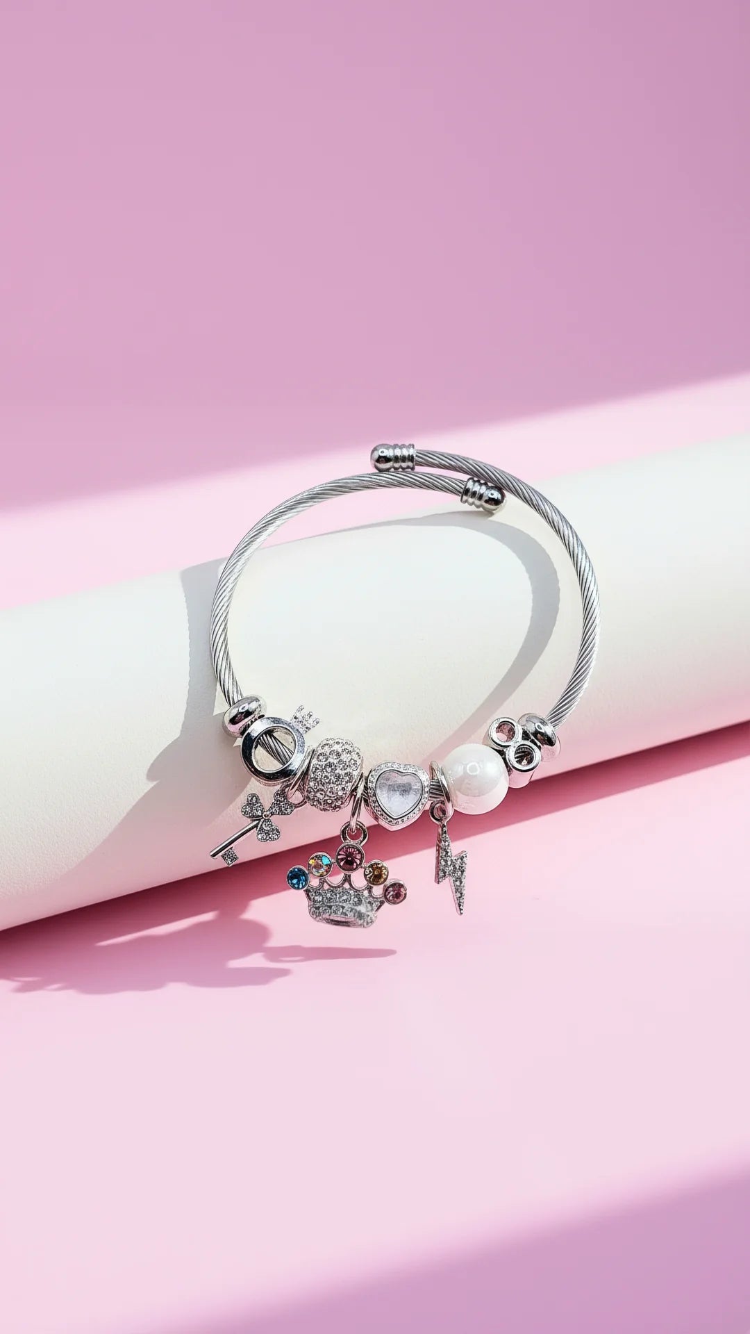 Crown & Key Crystal Charm Breaded Bracelet