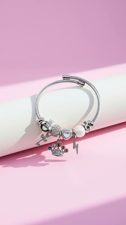 Crown & Key Crystal Charm Breaded Bracelet