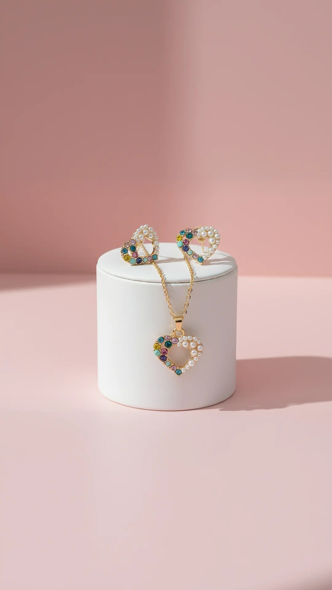 Pearl Heart Crystal Necklace & Earrings Set