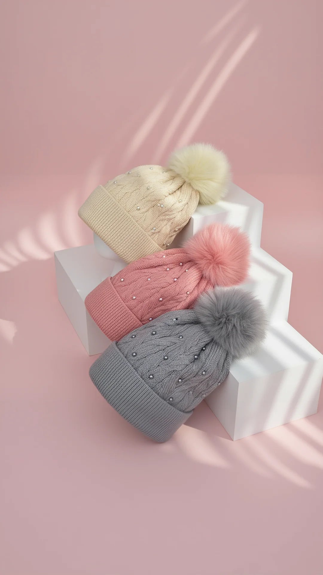 Pearl Fluffy Bobble Hats Pack of 12