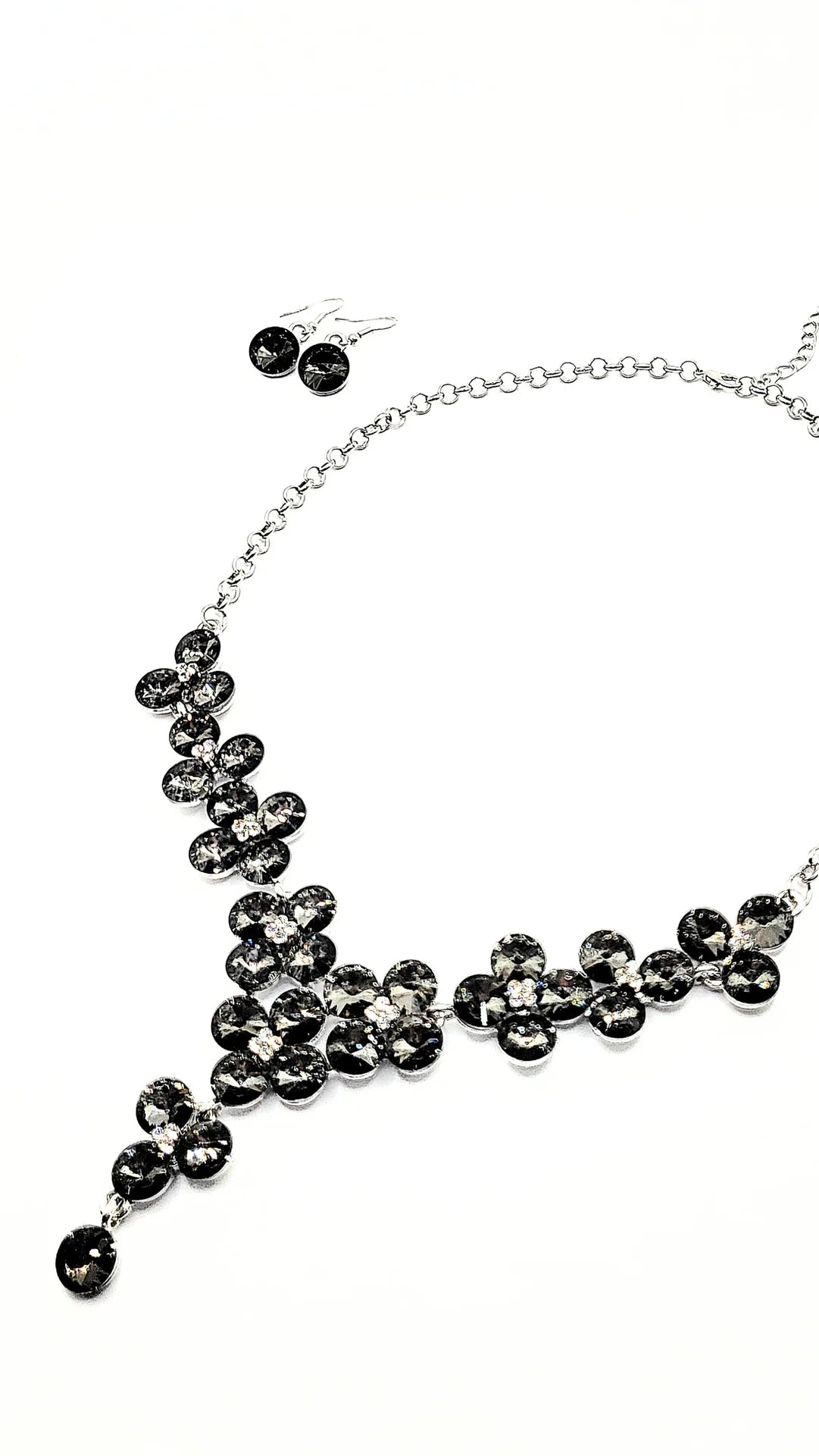 Black Flower Cluster Crystal Necklace & Earrings Set