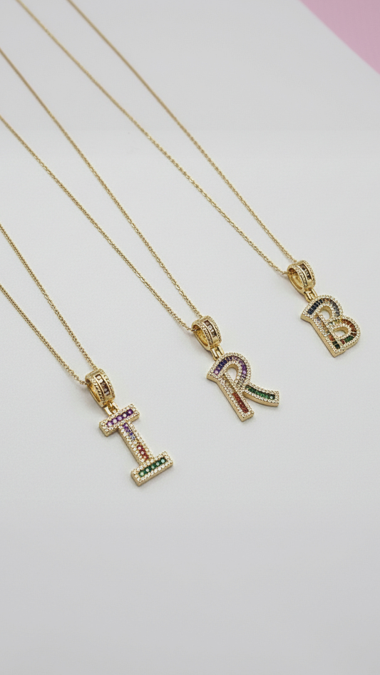 Rainbow Initial Crystal Pendant Necklace