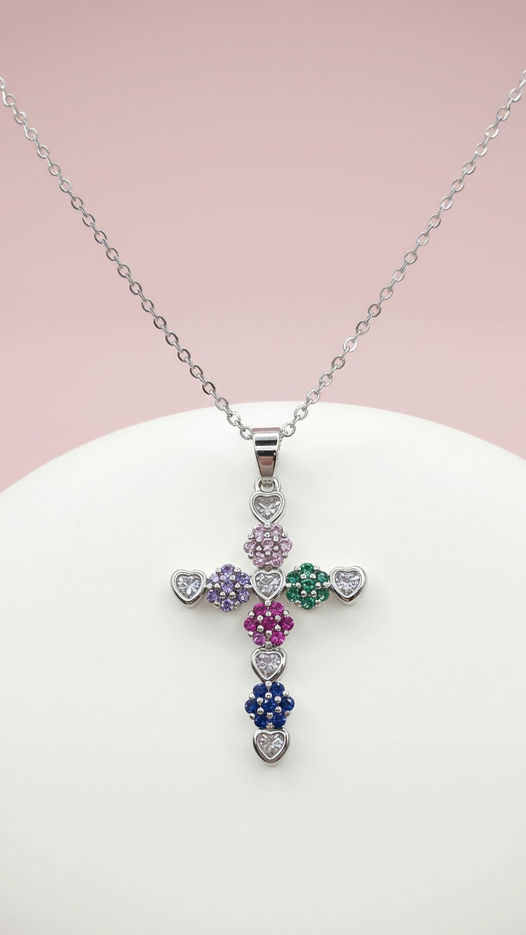 Heart Link Crystal Flower Cross Pendant Necklace