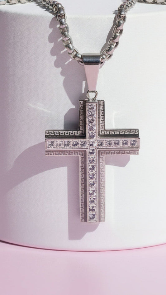 Silver Greek Key Crystal Cross Necklace