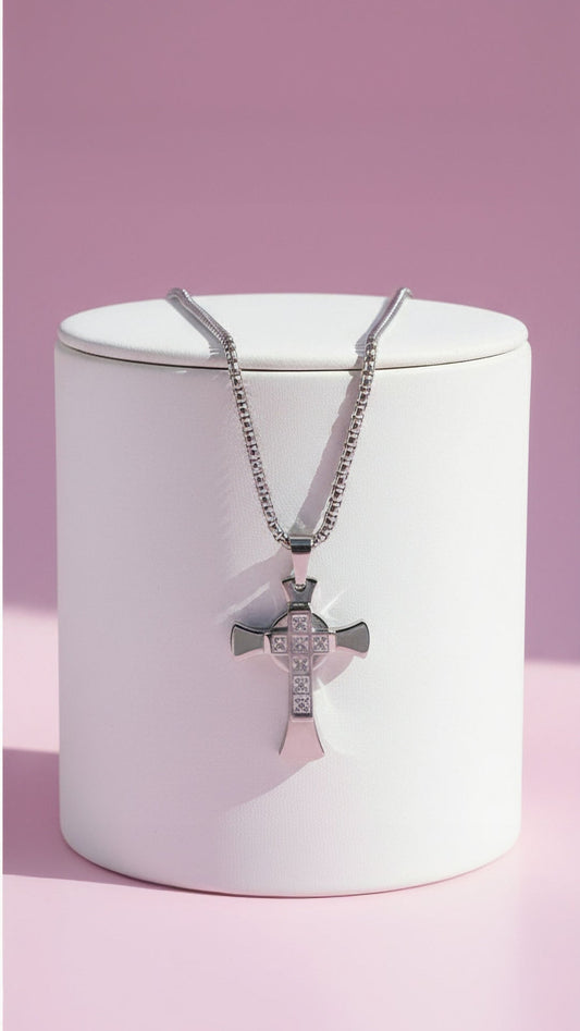 Layered Silver Crystal Cross Necklace