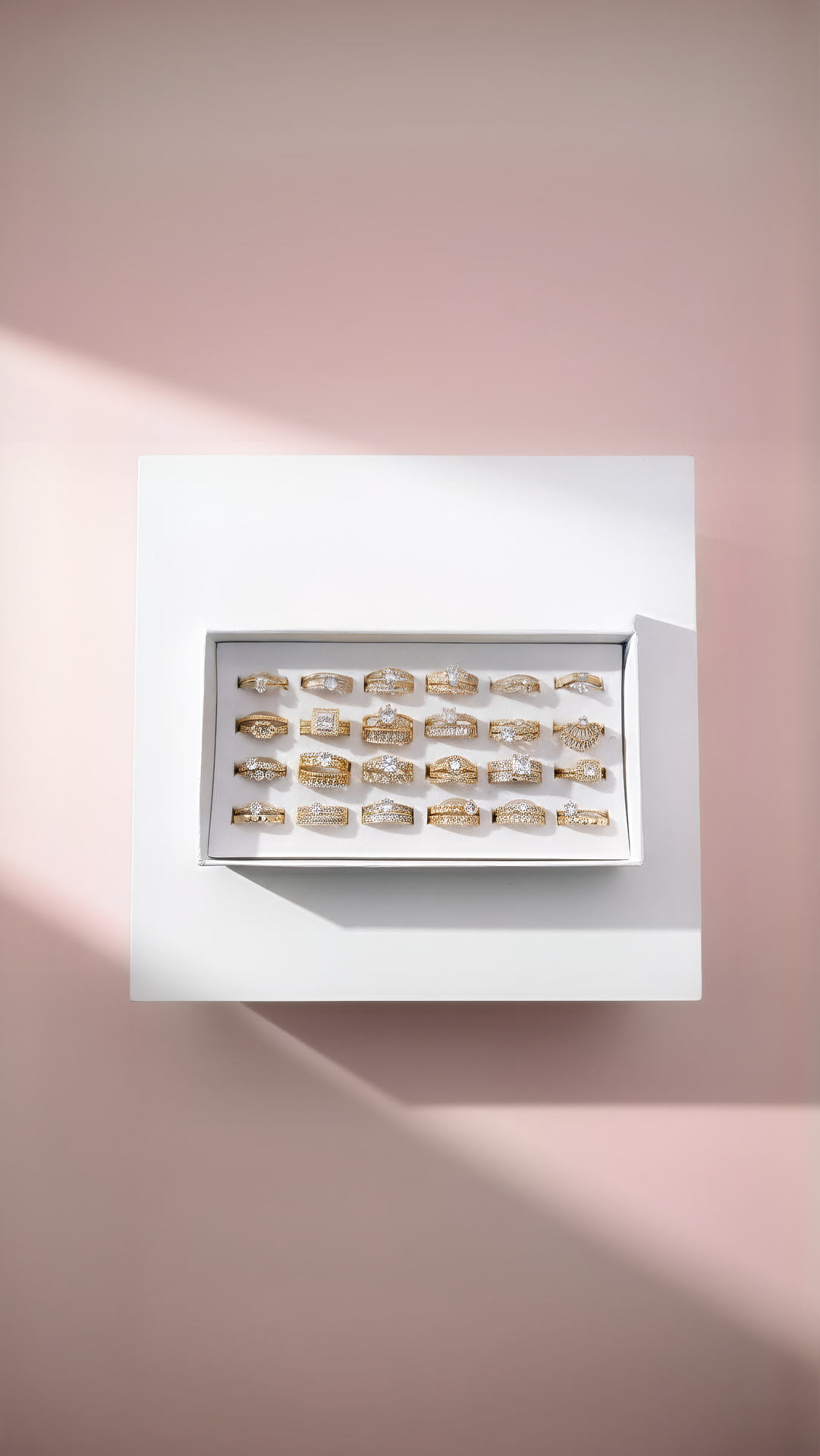 14k Gold Plated Solitaire Crystal Stacking Rings Box set of 24