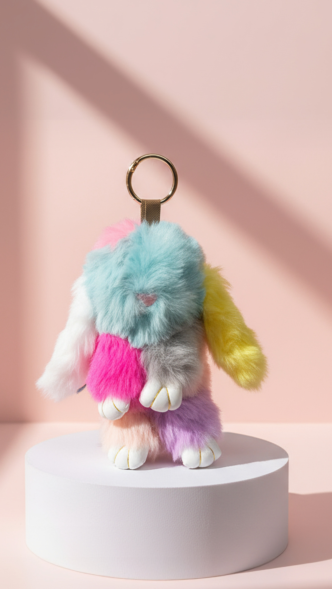 Multicolored fluffy keychain on a pink background