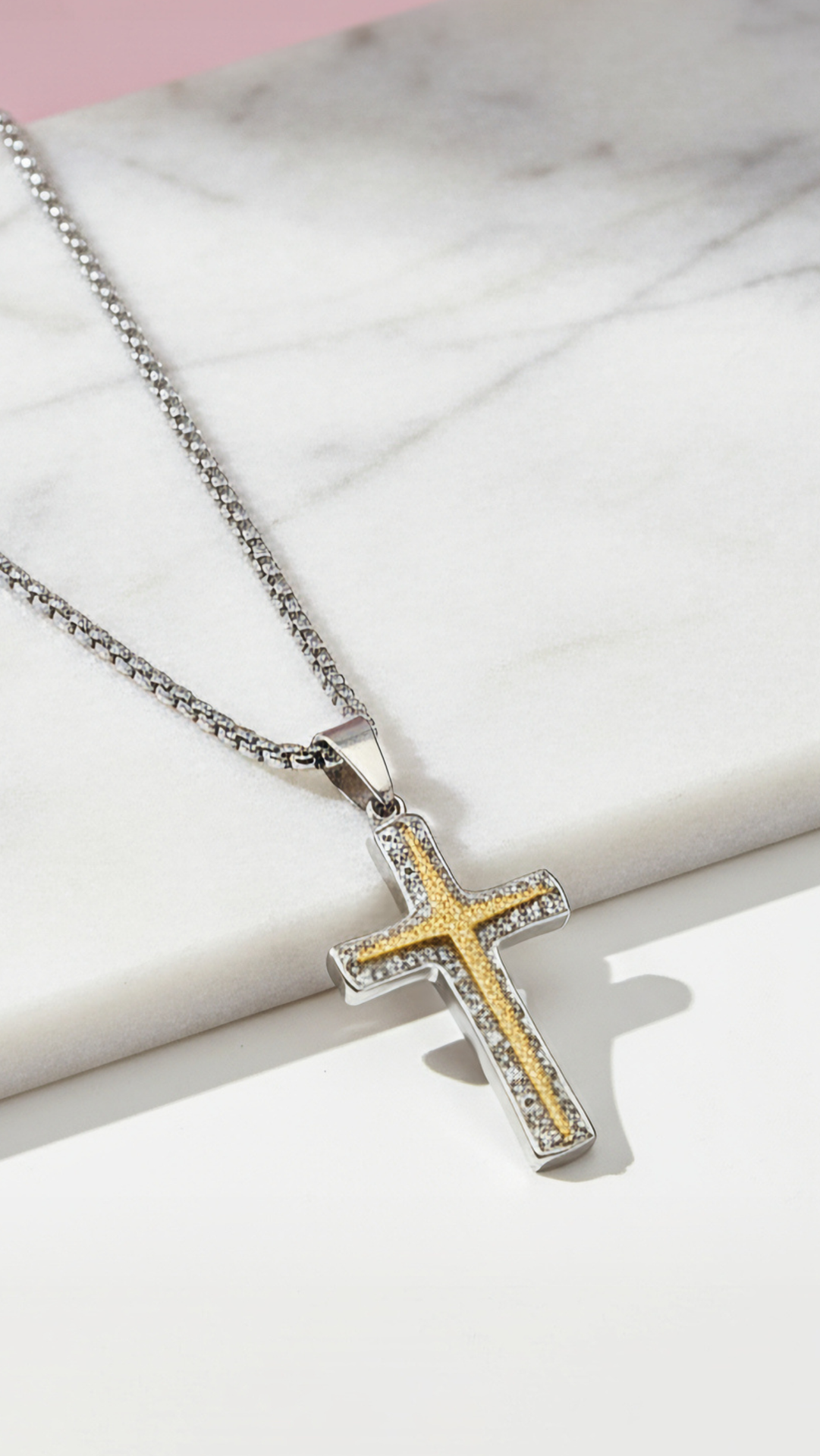Waterproof Textured Two Tone Stainless Steel Cross Necklace