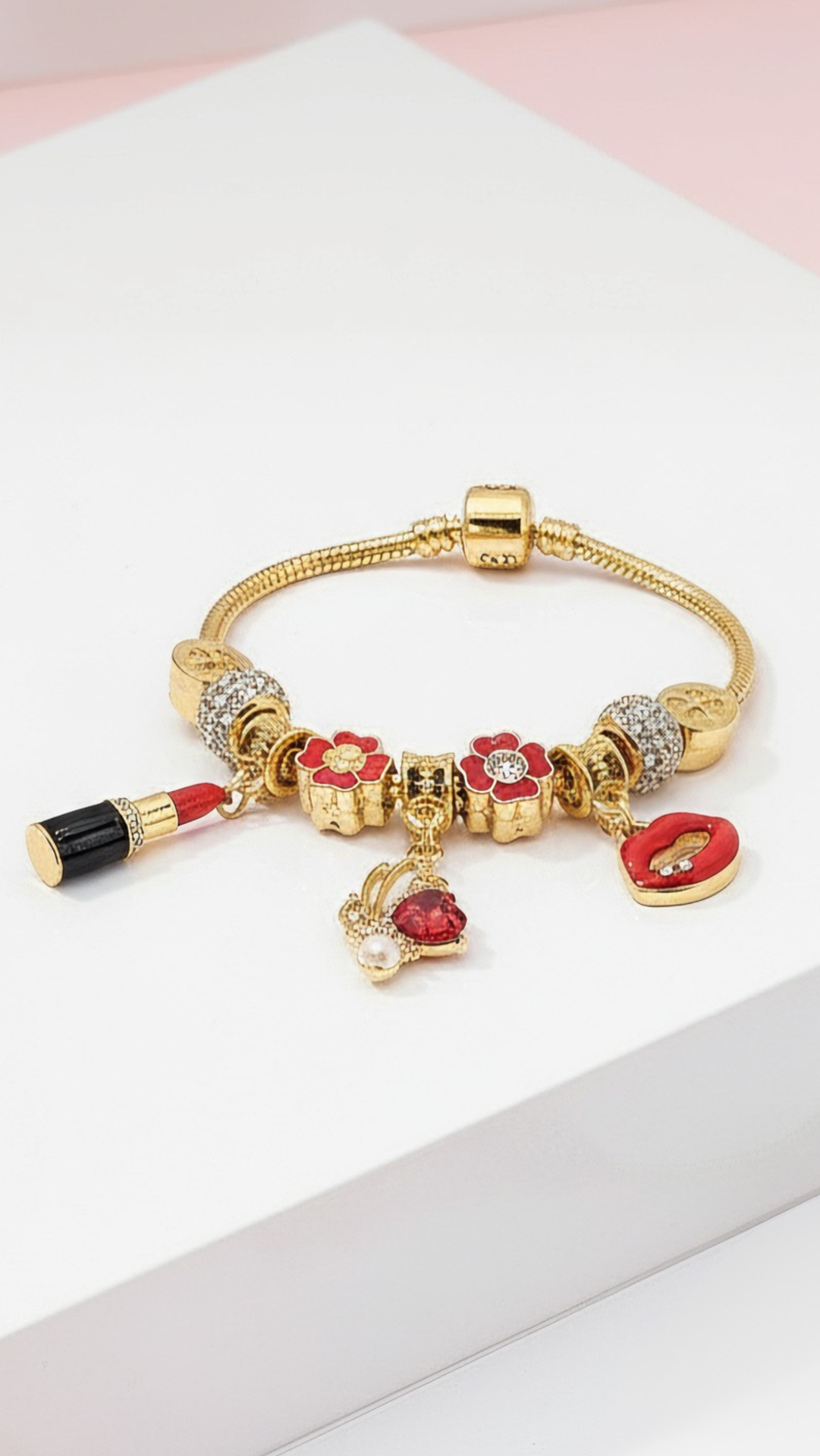 Red Lips Crystal Charm Beaded Bracelet
