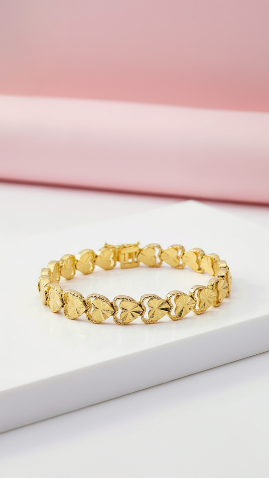 24k Gold Plated Shiny Heart Link Bracelet