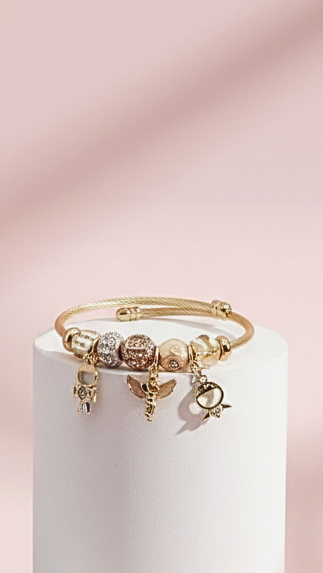 Pink Angel & Hearts Crystal Charm Beaded Bracelet