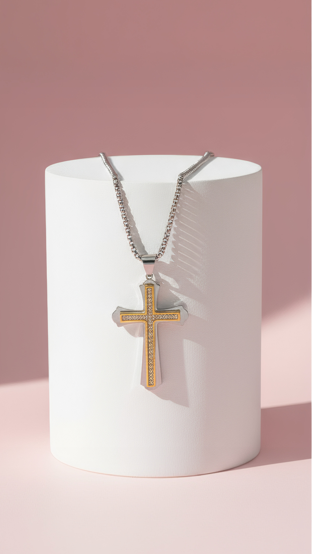 Waterproof Two Tone Stainless Steel Crystal Cross Necklace